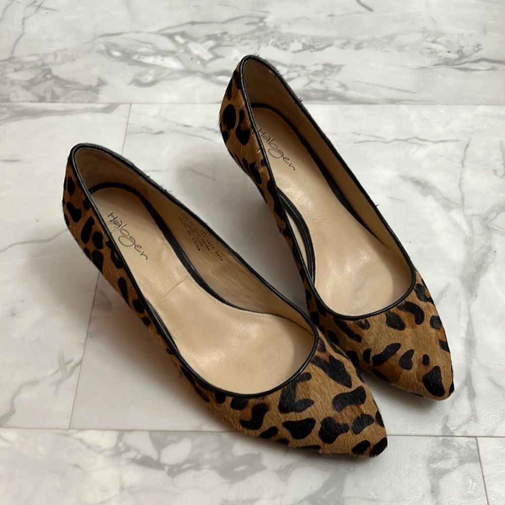 Leopard calf hair block kitten heels